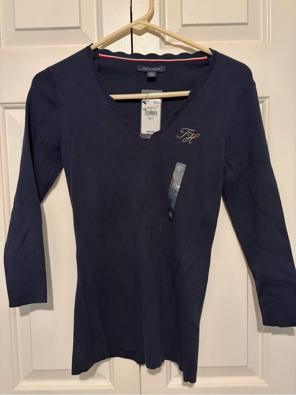 Tommy Hilfiger Navy V-Neck Long Sleeve Top with Gold TH Monogram